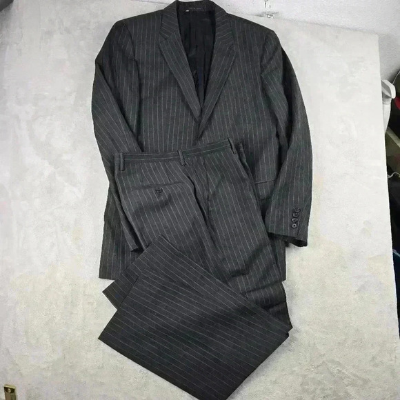 Hugo Boss Suit Mens 42L Gray Pin Striped James4 Sharp6 2 Piece Wool Pants 34 - Picture 1 of 15